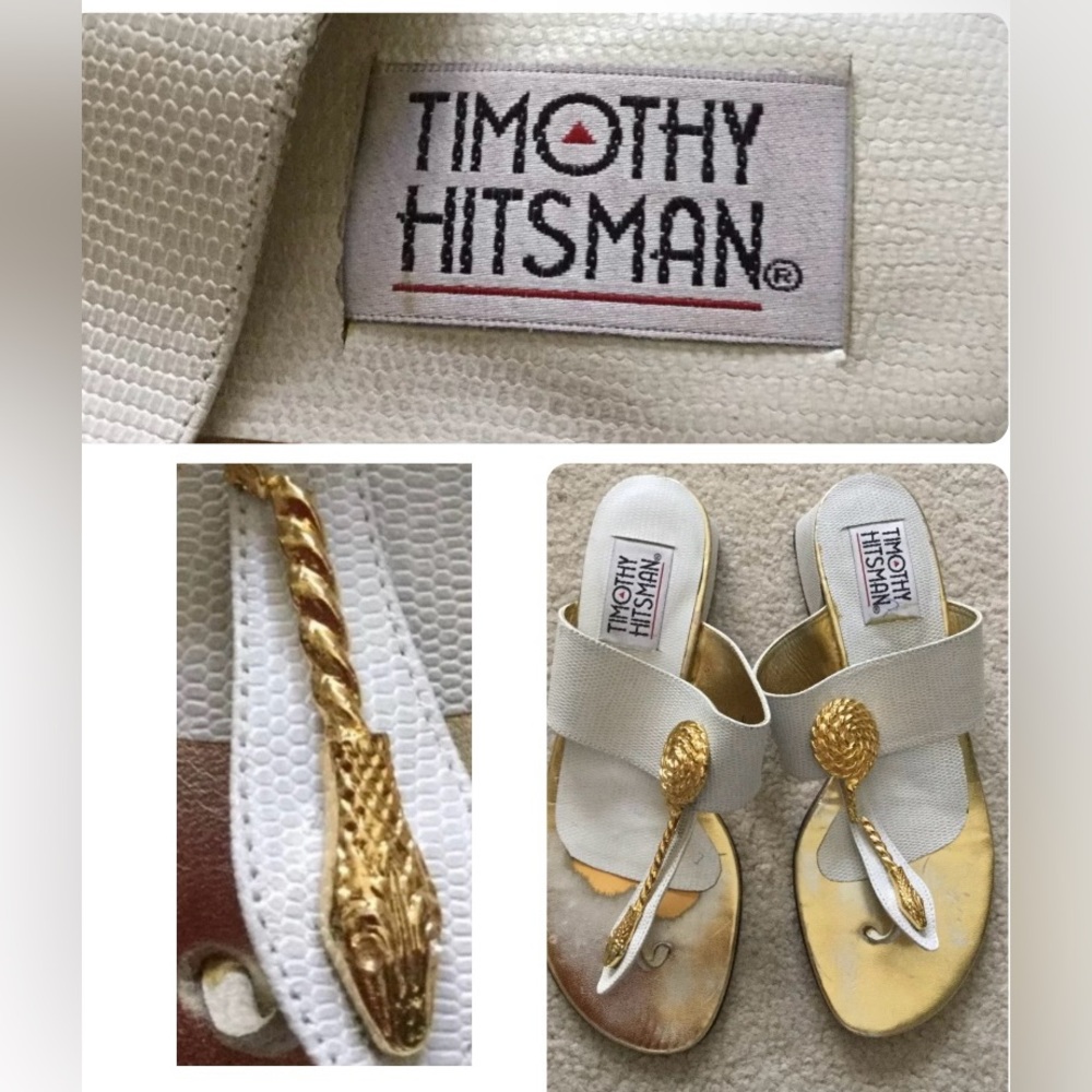 Timothy hitsman vintage white and gold snake thong sandals low heel, Size  7.5M